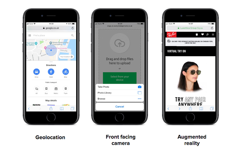 Examples of geolocation, front facing camera and augmented reality on mobile